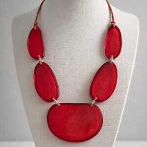 Red Resin Statement Bib Necklace – Oversized Geometric Stones – Adjustable